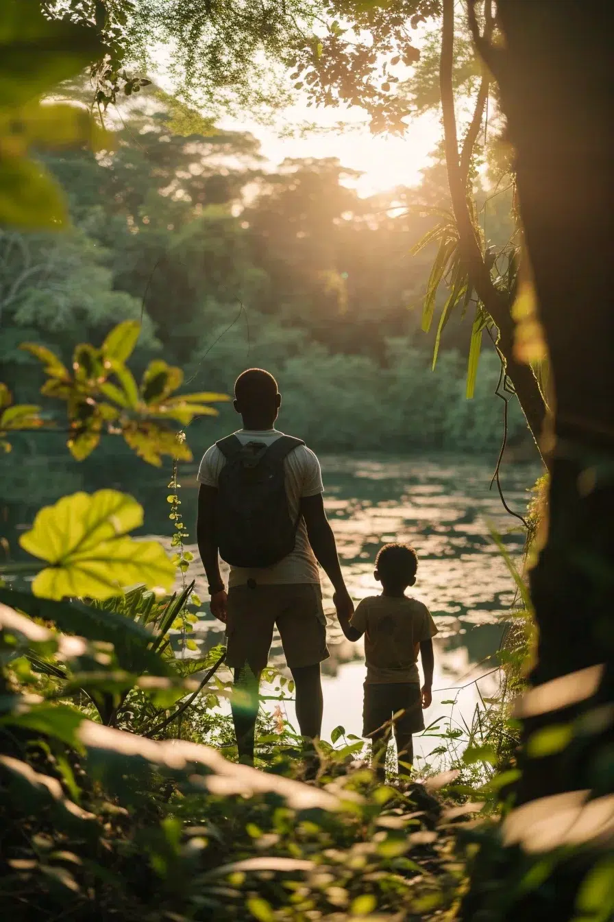 enfant et papa devant un lac